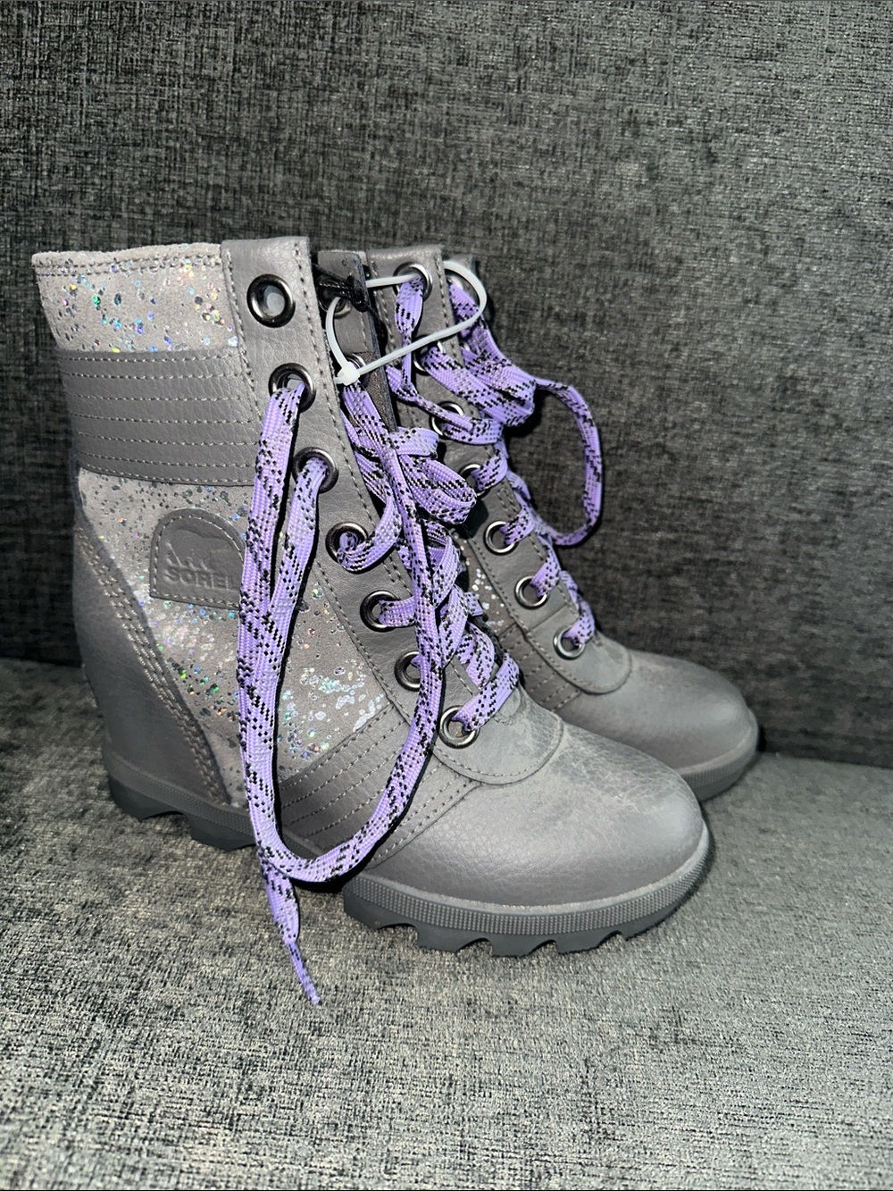 Sorel Gray Glitter Lace-Up Boots with Purple Laces